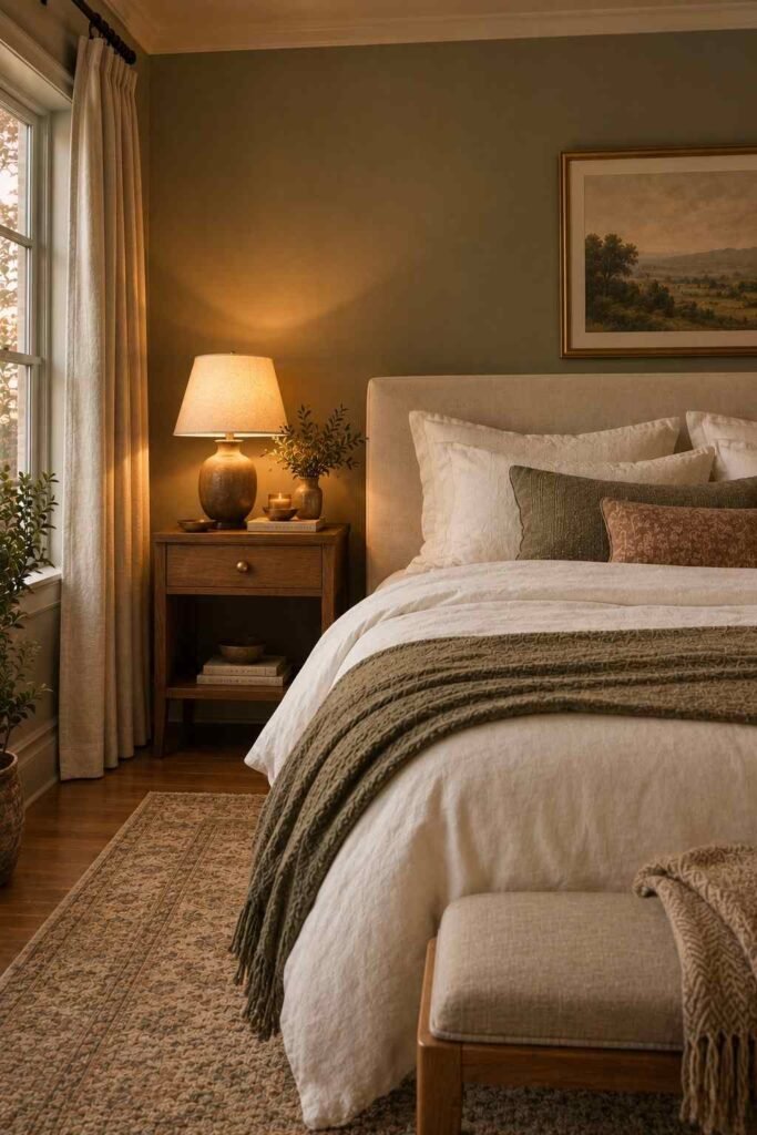 Finished cozy bedroom with a soft accent wall and warm evening lamp light.