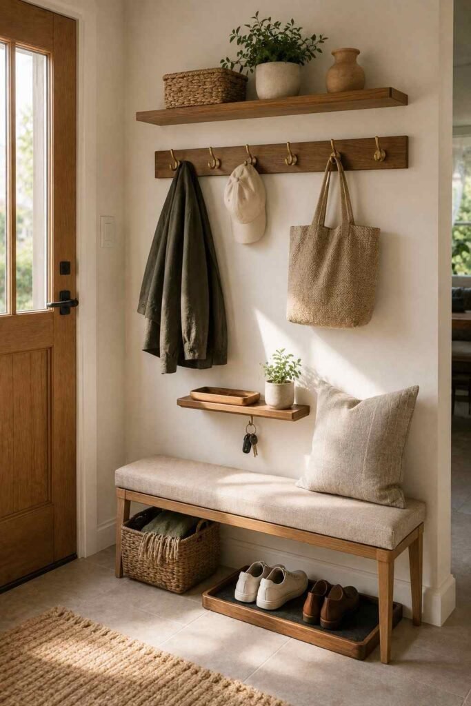30 Smart Entryway Organization Wall Ideas: for Hooks, Shelves & Storage 20 Finished entryway organization wall with hooks, shelf, baskets, and shoe tray in soft morning light