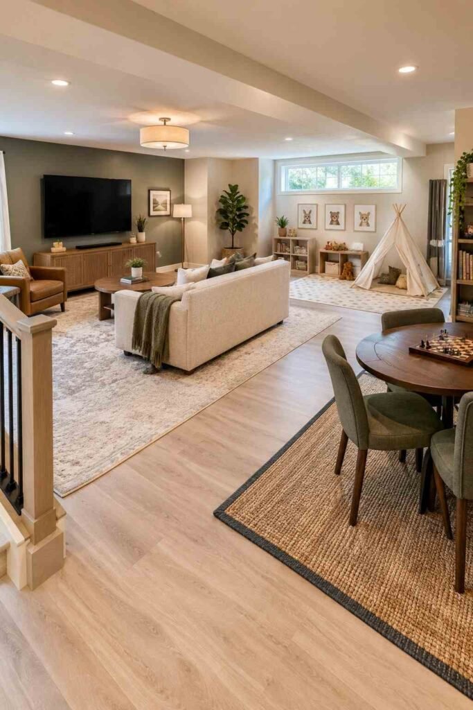 Finished lower-level family room with separate TV, play, and game zones