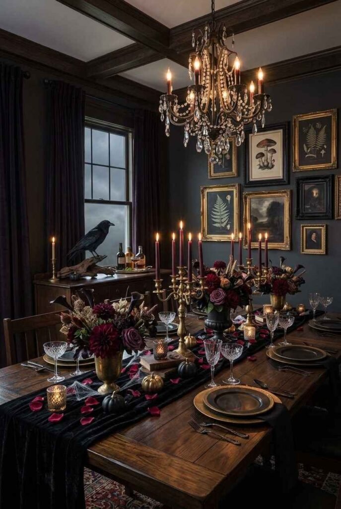 Luxury Halloween Dining Room Decor Ideas: 30 Ways to Style a Dark, Elegant Table 20 Finished luxury Halloween dining room with candlelit table, velvet drapes and gilded frames