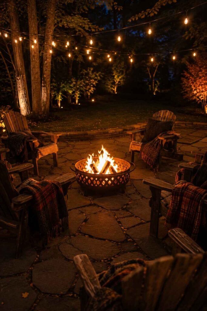 Chairs and blankets circled around a fire pit at night for Halloween ghost stories.