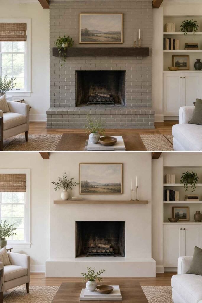 Home Remodeling Before and After: 28 Room-by-Room Transformations 10 Fireplace before and after a face-lift with smooth plaster and a slim mantel.