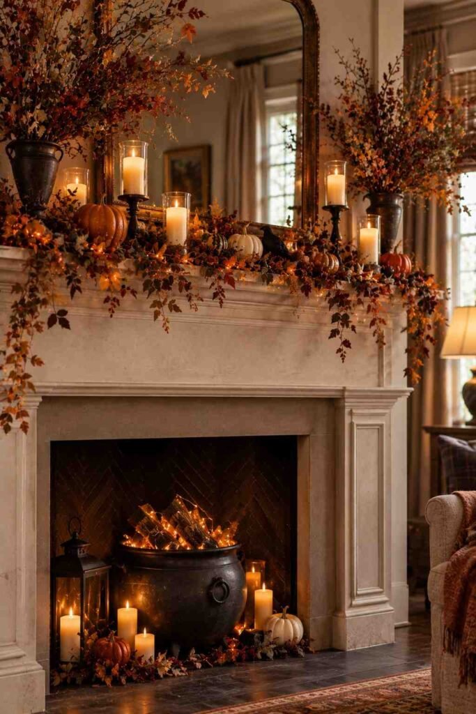 28 Halloween Mantel Decor Ideas: Spooky, Elegant and Family-Friendly Styles 19 Unused fireplace filled with a cauldron, lit logs and candles for Halloween.