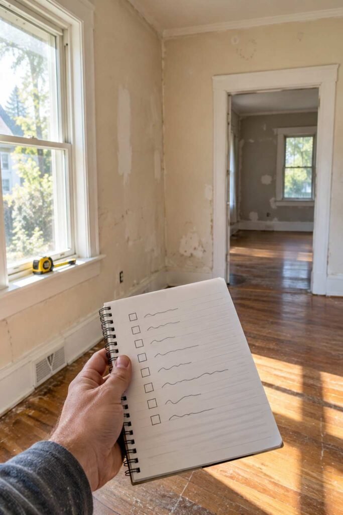Homeowner writing a room-by-room punch list in an empty fixer-upper room.