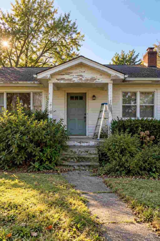 Older ranch-style fixer-upper house with peeling trim and overgrown shrubs before renovation.