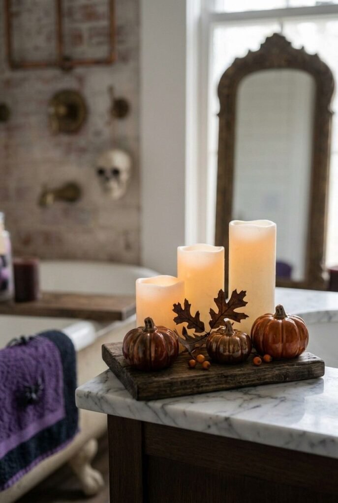 Flameless candles and mini pumpkins arranged on a vanity tray for Halloween bathroom decor