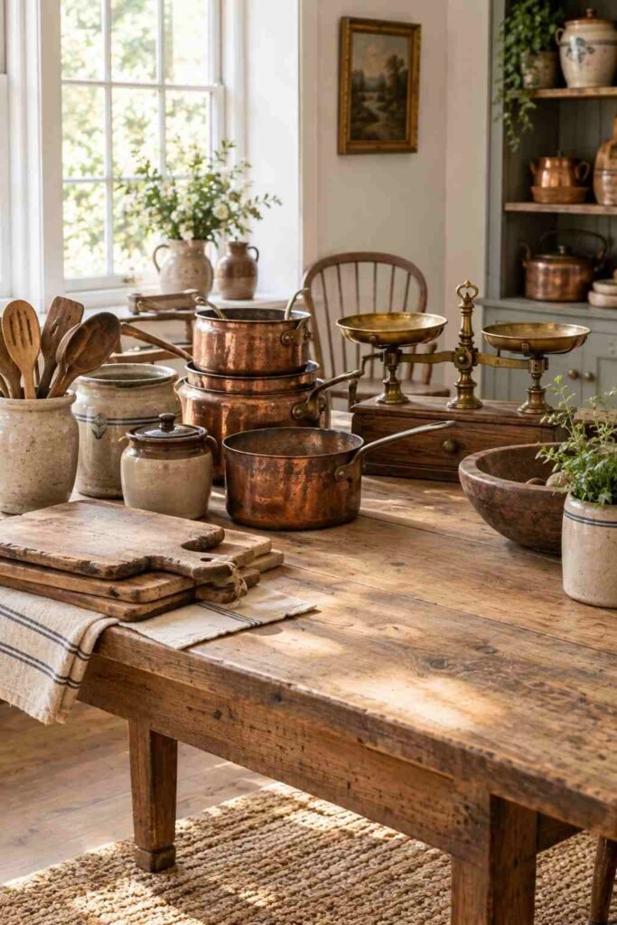 Flea market table with antique copper pots, stoneware and brass scales