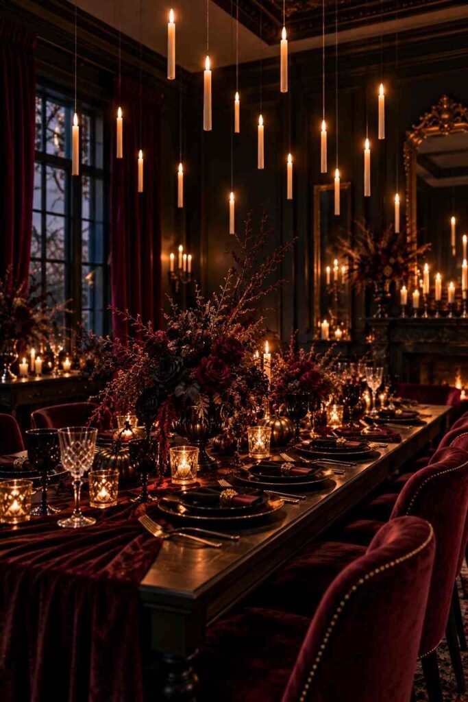 30 Halloween Party Decorations for Adults: Moody, Spooky, Stylish Ideas for Any Home 5 Floating candles hanging from the ceiling above a table at an adult Halloween party.