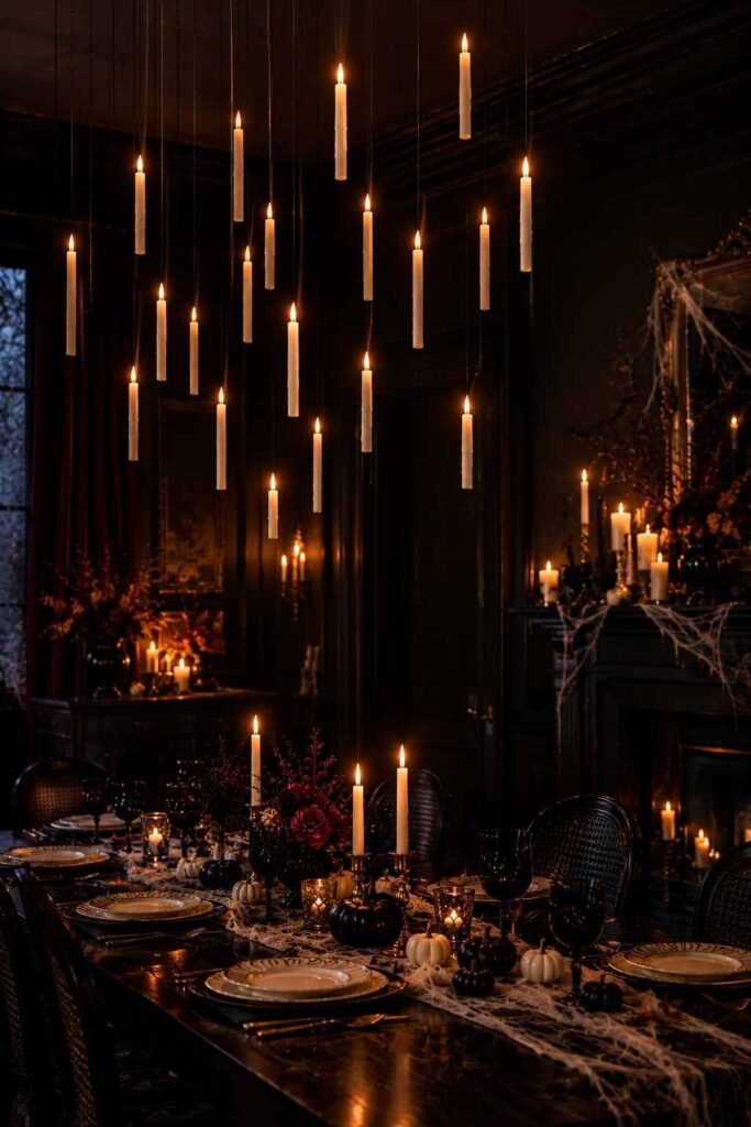 28 Halloween Party Decorations Indoor: Spooky Ideas That Transform Any Room 5 Floating flameless candles hanging above a dining table as a haunted Halloween party decoration