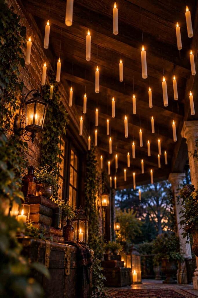 Battery-powered taper candles hanging at different heights from a covered porch ceiling.