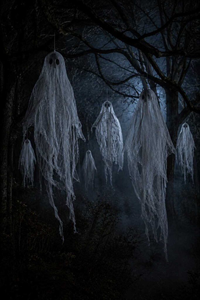 28 Halloween Party Decorations Scary Enough to Terrify Every Guest 6 Cheesecloth ghosts hanging from tree branches at night as DIY scary Halloween yard decorations.