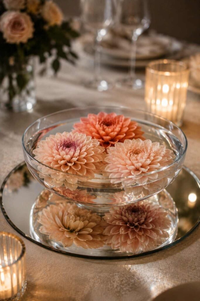 27 Chic Mirror Table Decor with Fresh Flowers Ideas for Home, Weddings, and Parties 10 Dahlia heads floating in a shallow glass bowl on a round mirror at an elegant table
