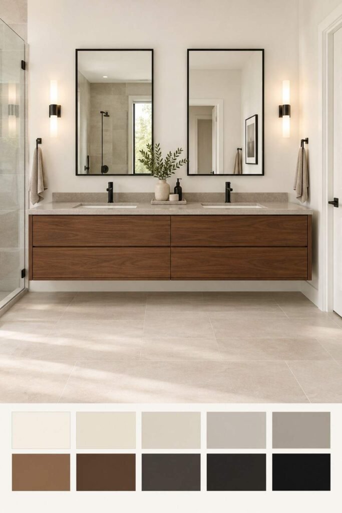30 Bathroom Vanity Ideas For Double Sink Layouts for Every Style and Budget 4 Floating double sink bathroom vanity in walnut with a modern neutral color palette strip beneath the photo.