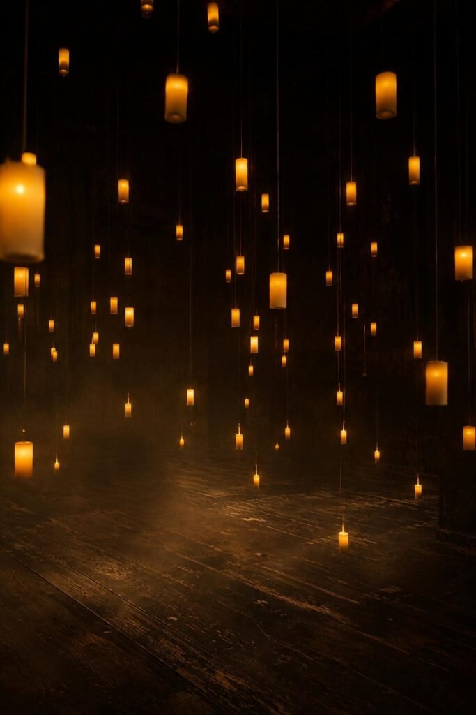 28 Halloween Party Decorations Scary Enough to Terrify Every Guest 10 Floating LED candles hanging at different heights in a dark room for scary Halloween party decor.