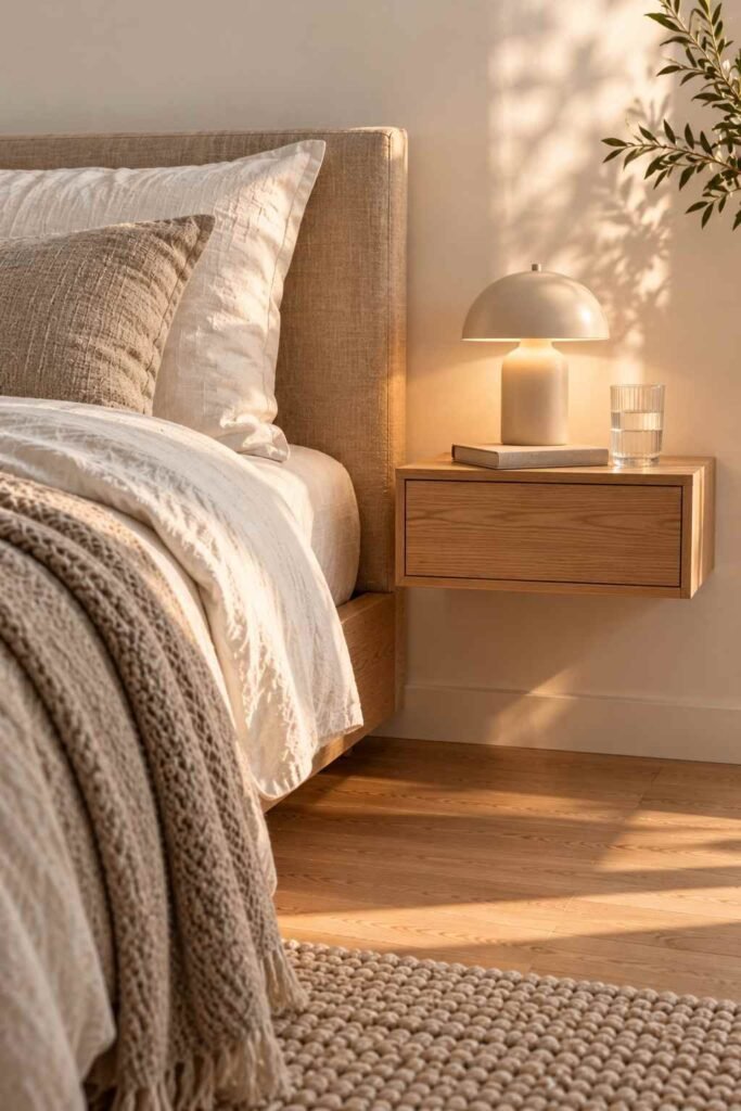 Floating wall-mounted nightstand with a lamp and book beside a Nordic-style bed