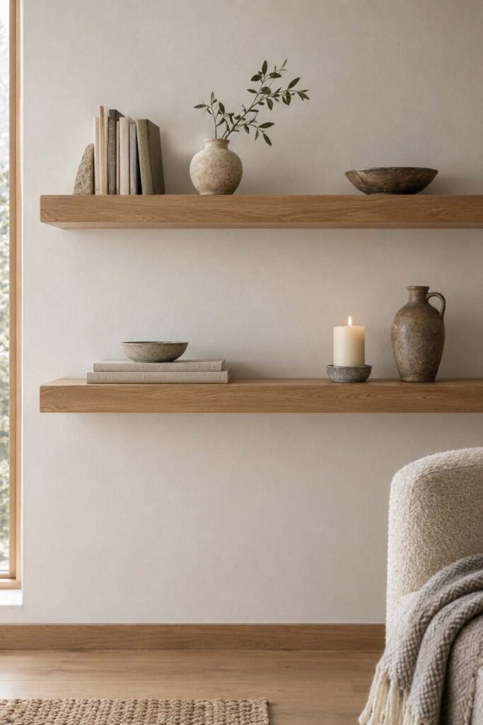 27 Scandinavian Mountain Interior Design Ideas: Ways to Create a Warm Nordic Cabin 11 Floating oak shelves with books and handmade ceramics in a Nordic cabin