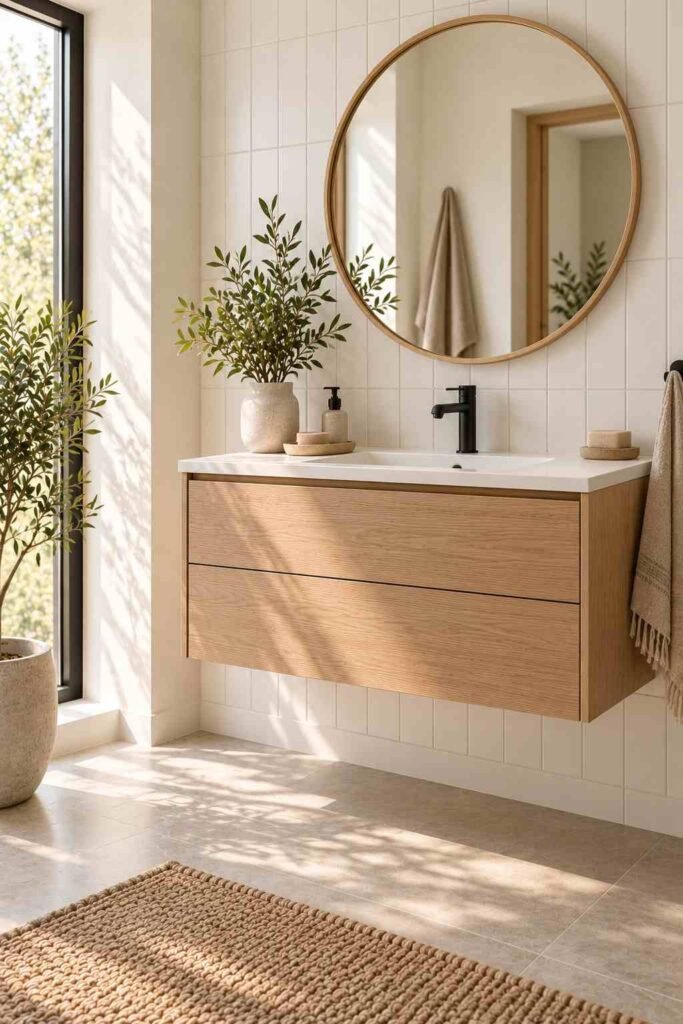 Light oak floating vanity with a single rectangular sink in a bright bathroom
