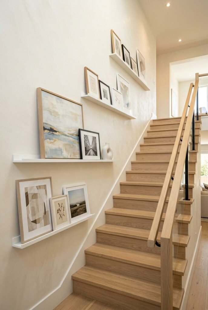 28 Stairs Wall Decor Ideas Modern Luxury Interiors Style Your Staircase Wall 6 Floating picture ledges with leaning art and a small sculpture on a staircase wall