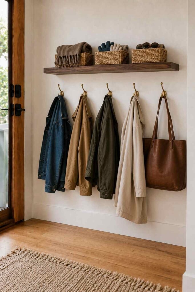 30 Smart Entryway Organization Wall Ideas: for Hooks, Shelves & Storage 9 Floating shelf with baskets for scarves and gloves mounted above brass coat hooks