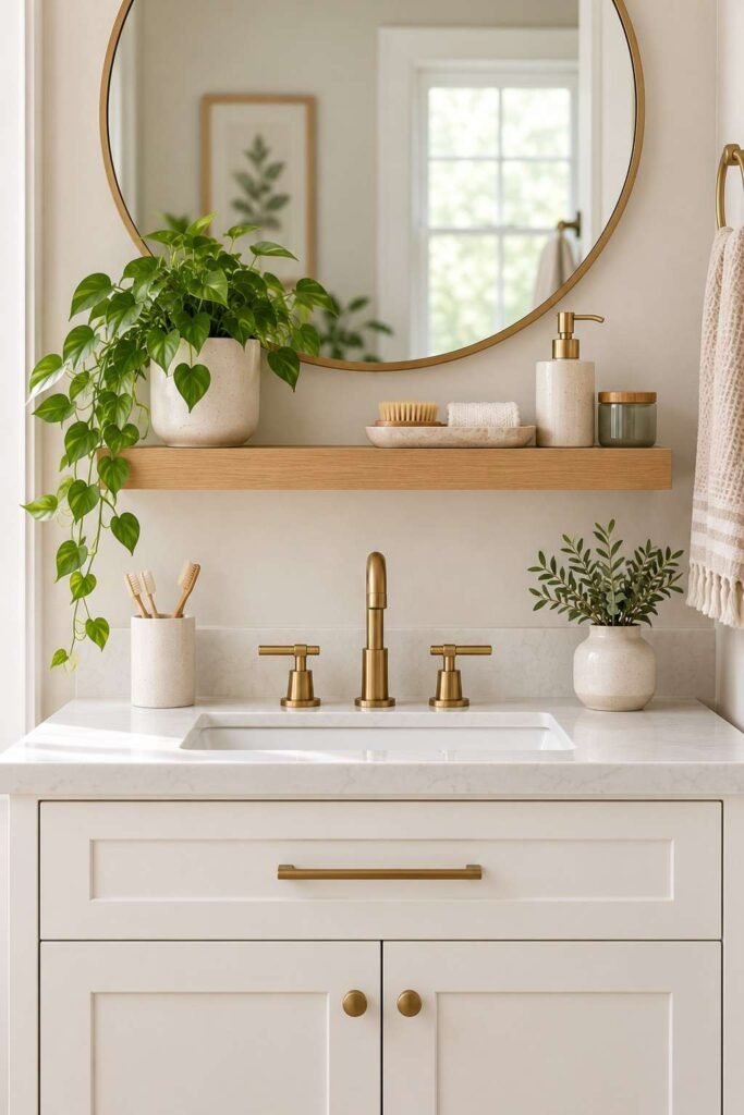 Slim floating shelf above a bathroom vanity holding soap, a tray, and a plant.