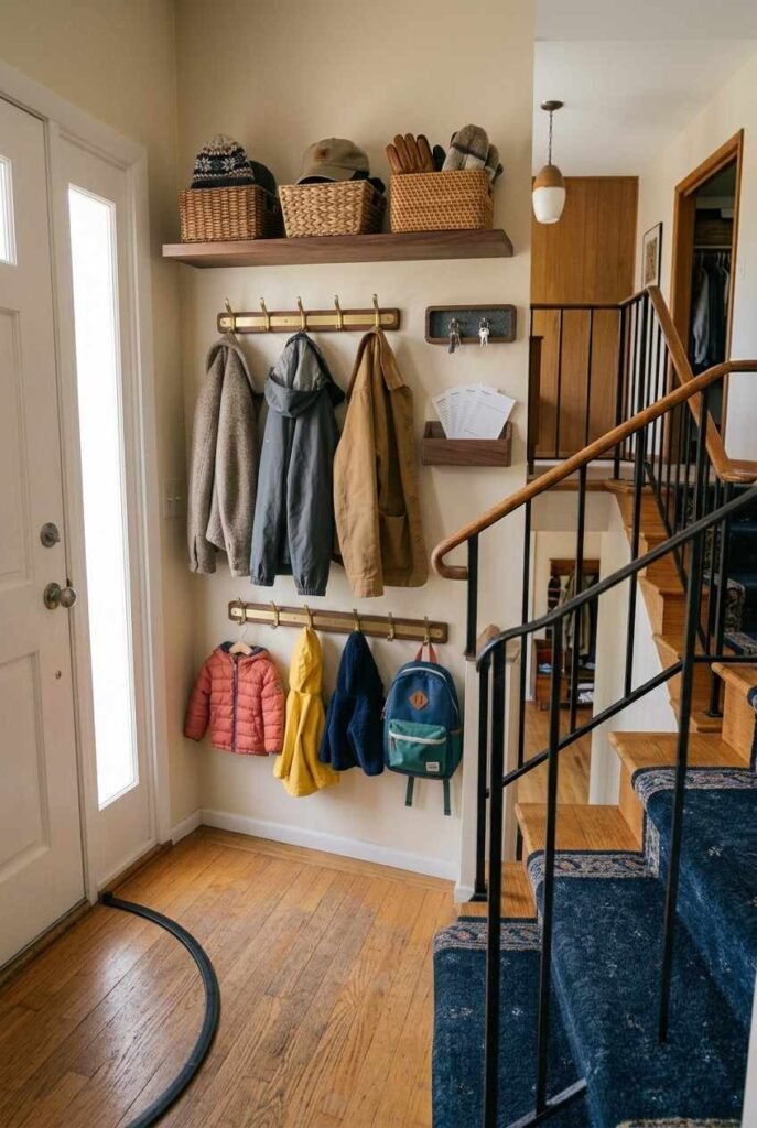Shallow floating shelf with woven baskets above entryway hooks for hats and gloves.
