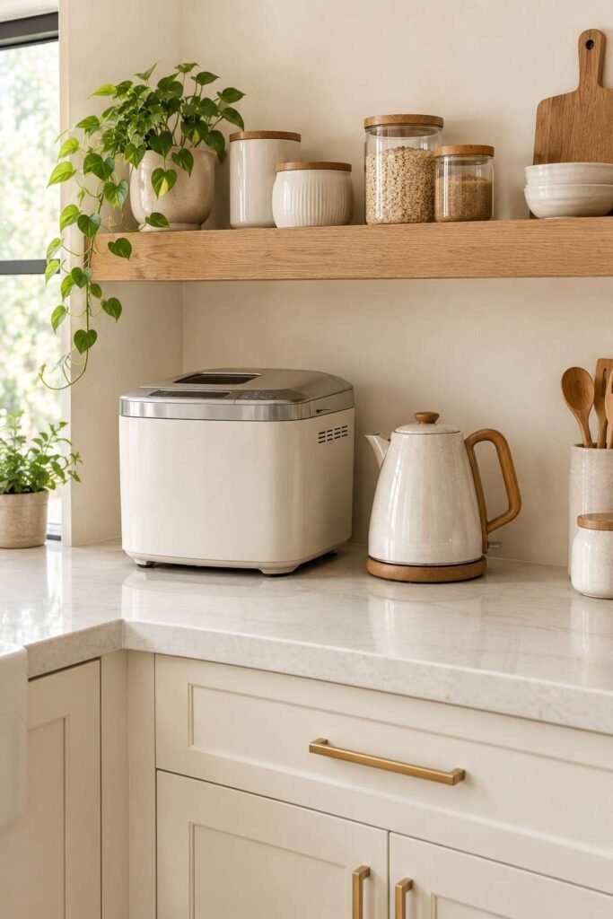 Floating shelf above kitchen counter displaying a bread maker and kettle