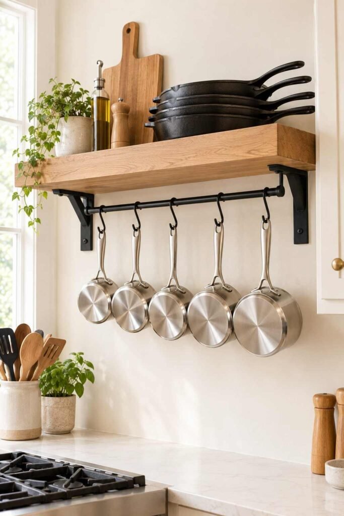 Oak floating shelf with stacked cast iron skillets and hooks holding saucepans below