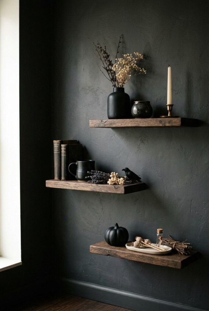 28 Modern Halloween Shelf Styling Ideas That Look Stylish, Not Scary: A Chic, Spooky Home 19 Three staggered floating shelves with matching black and cream Halloween decor.