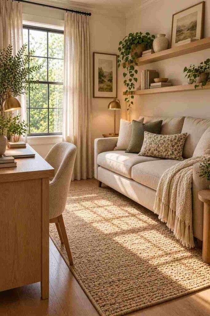 Floating shelves above a couch holding books and plants in a home office
