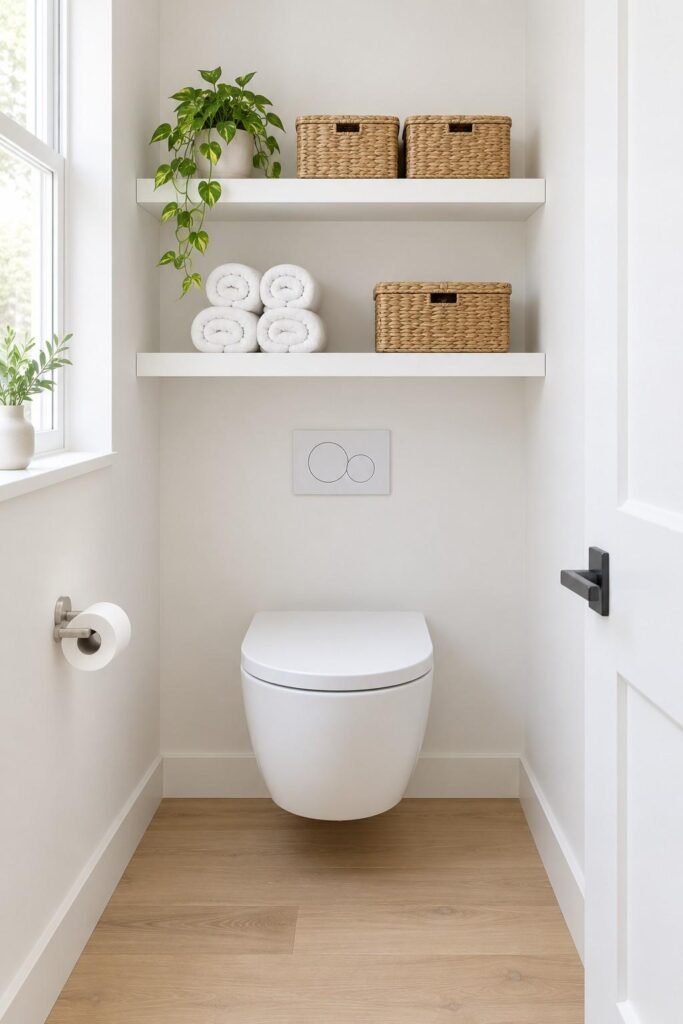 Two white floating shelves above a toilet holding rolled towels, baskets and a small plant