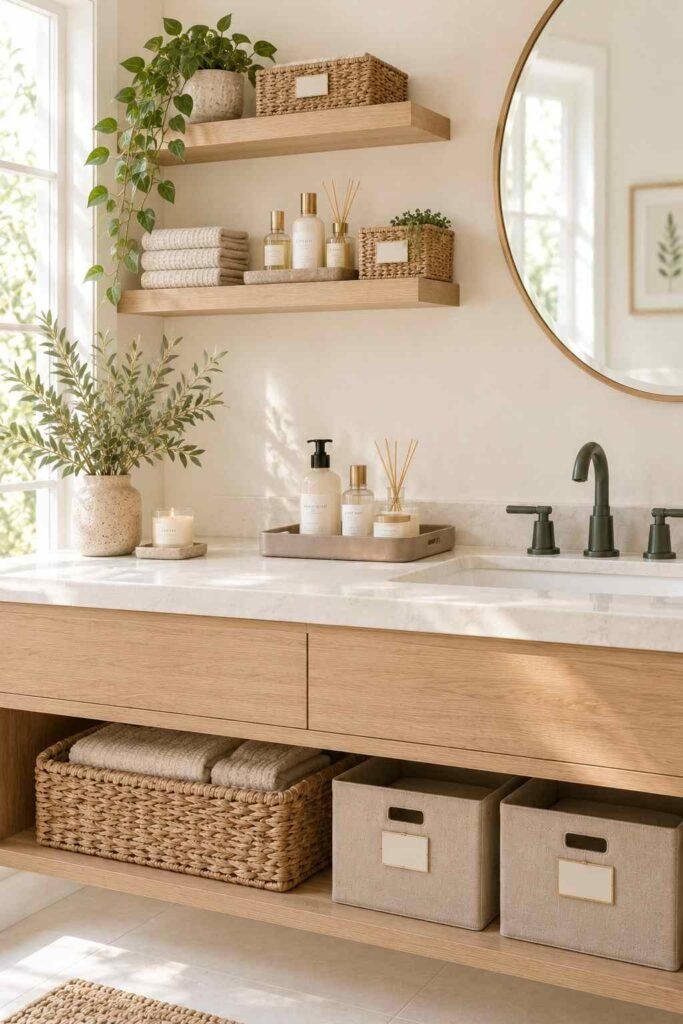 Bathroom Storage Ideas for Toiletries: 30 Smart Ways to Organize Every Space 9 Wood floating shelves beside a bathroom mirror with towels and baskets