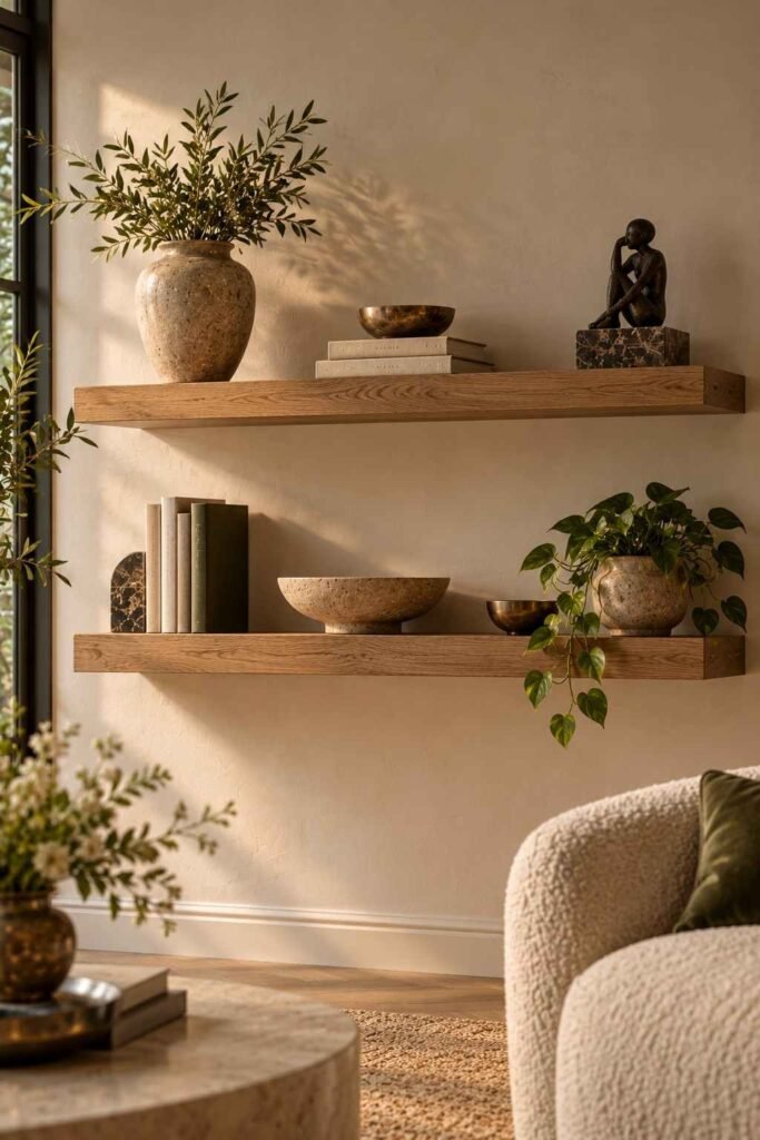30 Luxury Wall Decor Ideas for Living Room Walls: Art, Texture, Mirrors & Lighting 19 Floating oak shelves with ceramics, books, and a small bronze sculpture on a plaster wall.