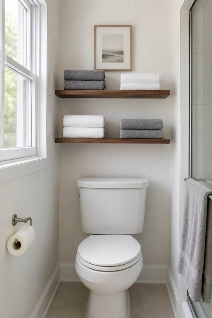 27 Bathroom Storage Ideas For Towels That Fit Into Tiny Powder Rooms to Primary Baths 12 Two floating shelves above a toilet with neatly folded towels.