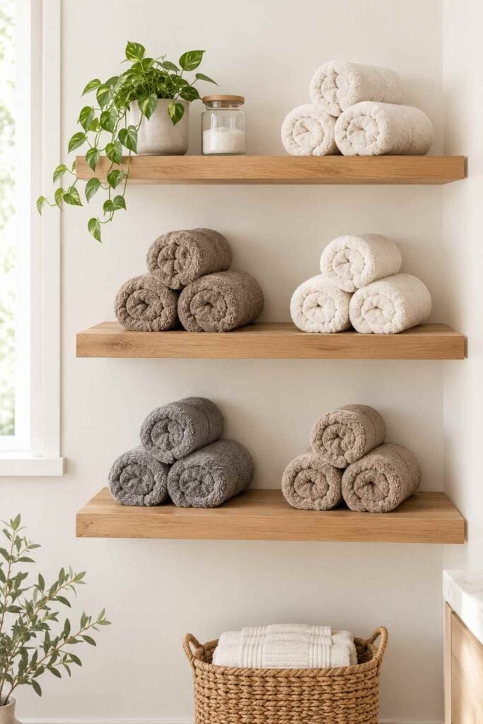 27 Bathroom Storage Ideas For Towels That Fit Into Tiny Powder Rooms to Primary Baths 5 Three floating shelves stacked with rolled towels in neutral tones.