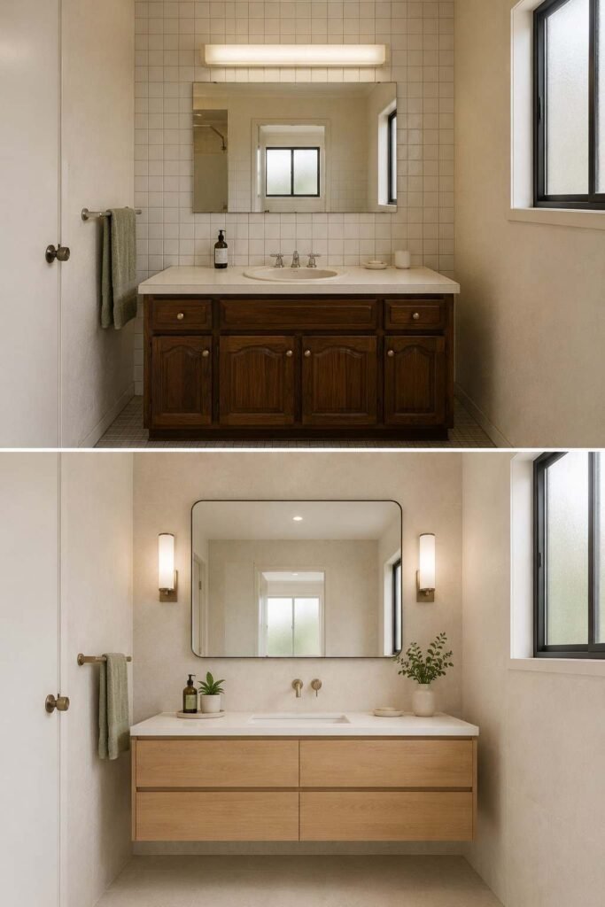 Home Remodeling Before and After: 28 Room-by-Room Transformations 7 Bathroom vanity wall before and after a floating vanity and large-format porcelain tile.
