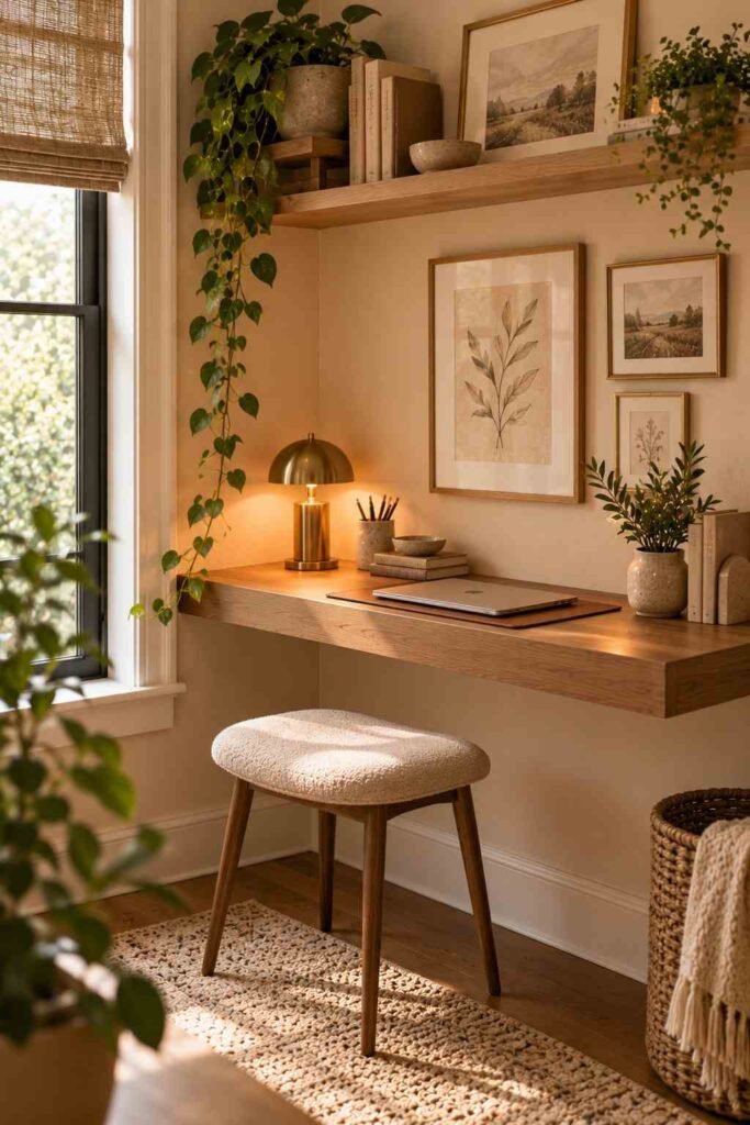 Floating wall desk in a small home office corner with a shelf above