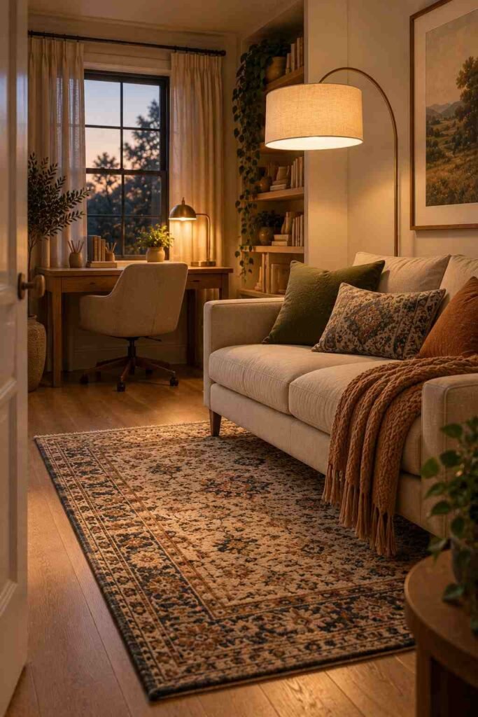 Floor lamp and rug anchoring the couch area in a home office with layered lighting