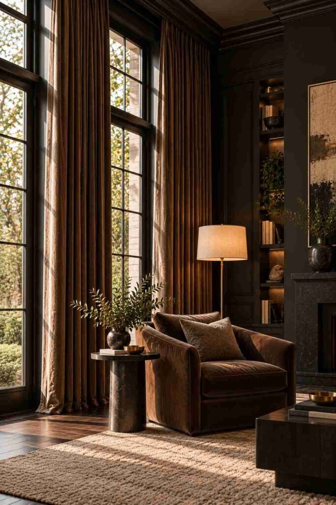 Floor-to-ceiling velvet curtains in a dark living room with tall windows
