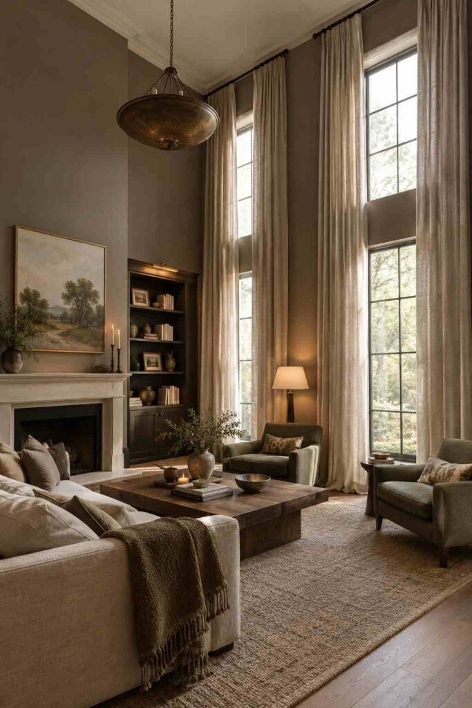 28 Dark Living Room Ideas for High Ceilings That Feel Rich, Not Gloomy (Paint, Lighting & Layout) 16 Floor-to-ceiling curtains hung high in a dark taupe living room