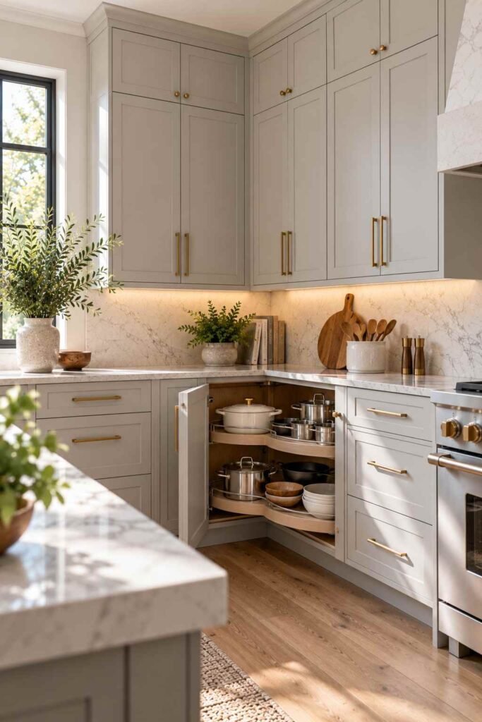 Floor-to-ceiling kitchen cabinets with a swing-out corner storage unit.