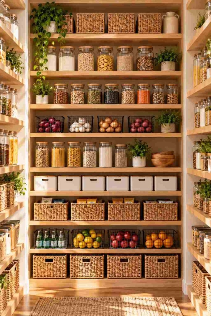 Open Shelving Pantry Kitchen Ideas: 30 Layouts, Storage Tricks and Styling Tips 8 Floor-to-ceiling wood shelf grid in a pantry with evenly spaced storage.