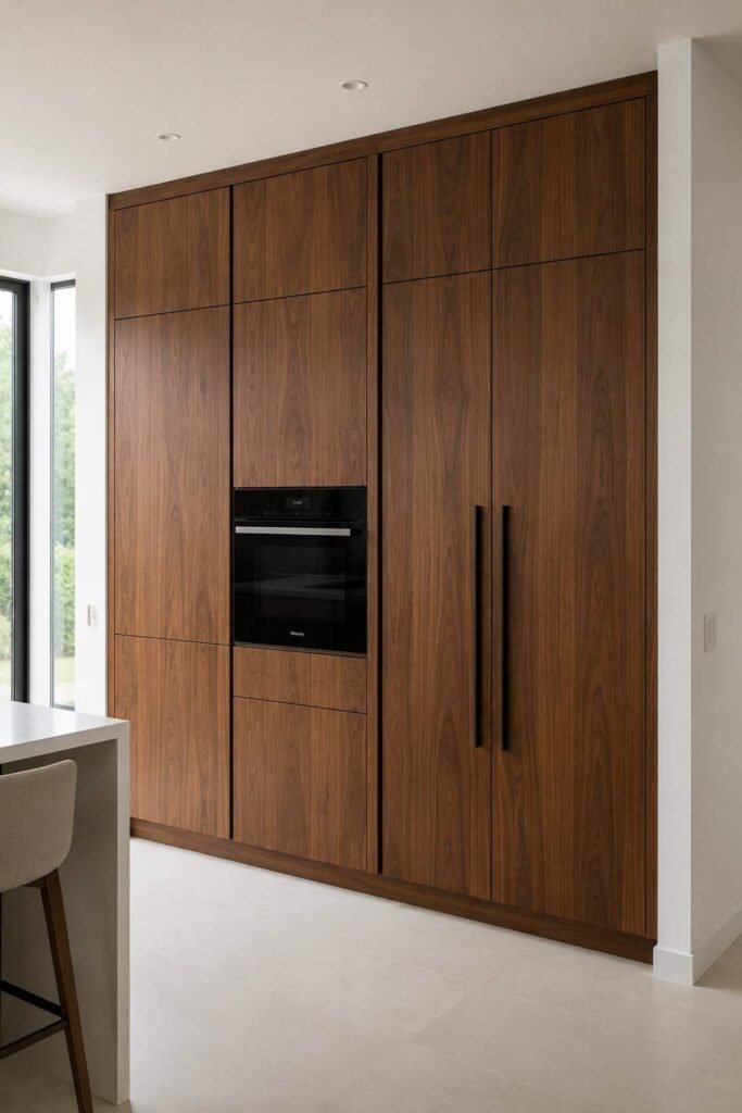 Floor-to-ceiling walnut kitchen cabinet wall with integrated oven and pantry