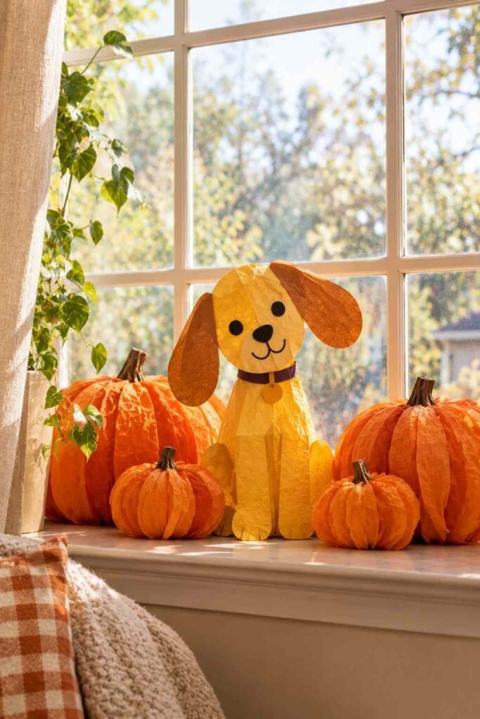 Floppy-eared dog among small pumpkins made of layered orange tissue in a window.
