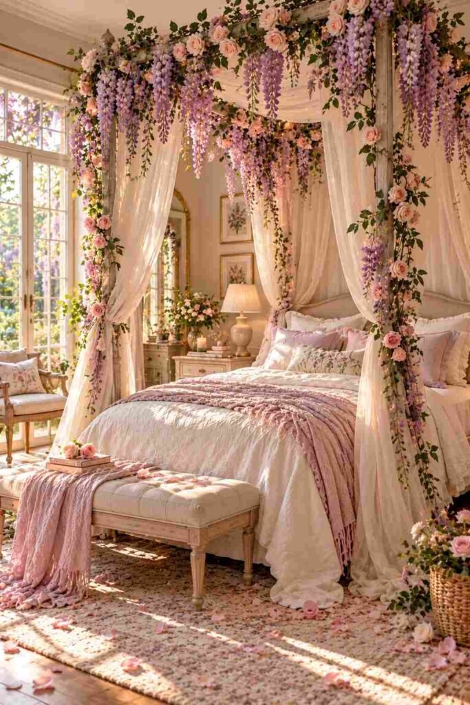 Canopy bed top rails draped with a faux wisteria and rose garland