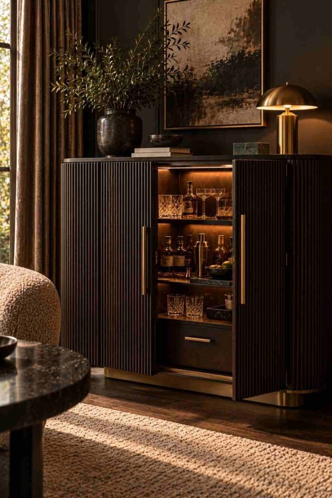 Dark fluted bar cabinet with brass handles in a modern luxury living room