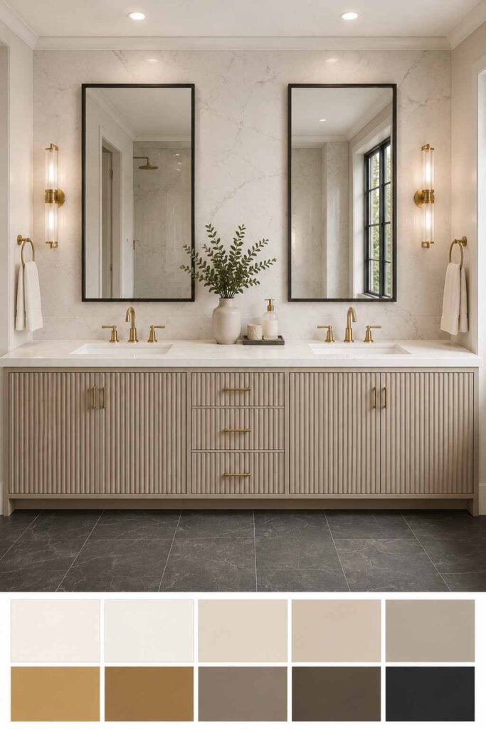 30 Bathroom Vanity Ideas For Double Sink Layouts for Every Style and Budget 15 Fluted cabinet double sink vanity in soft taupe with brass faucets.