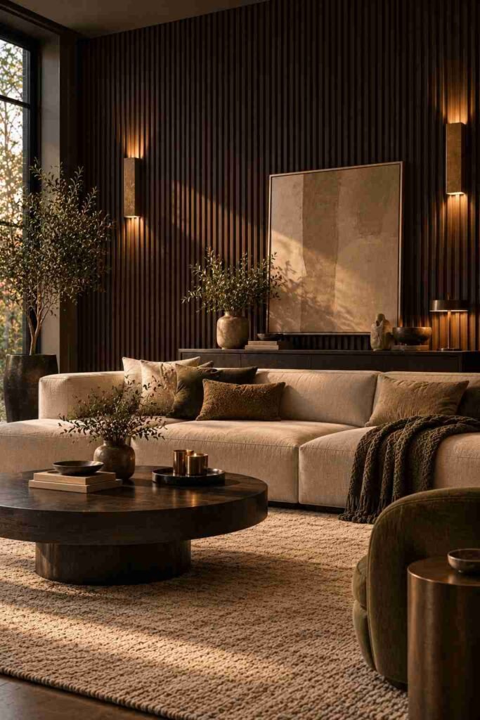 Dark oak fluted feature wall behind a sofa in a modern living room