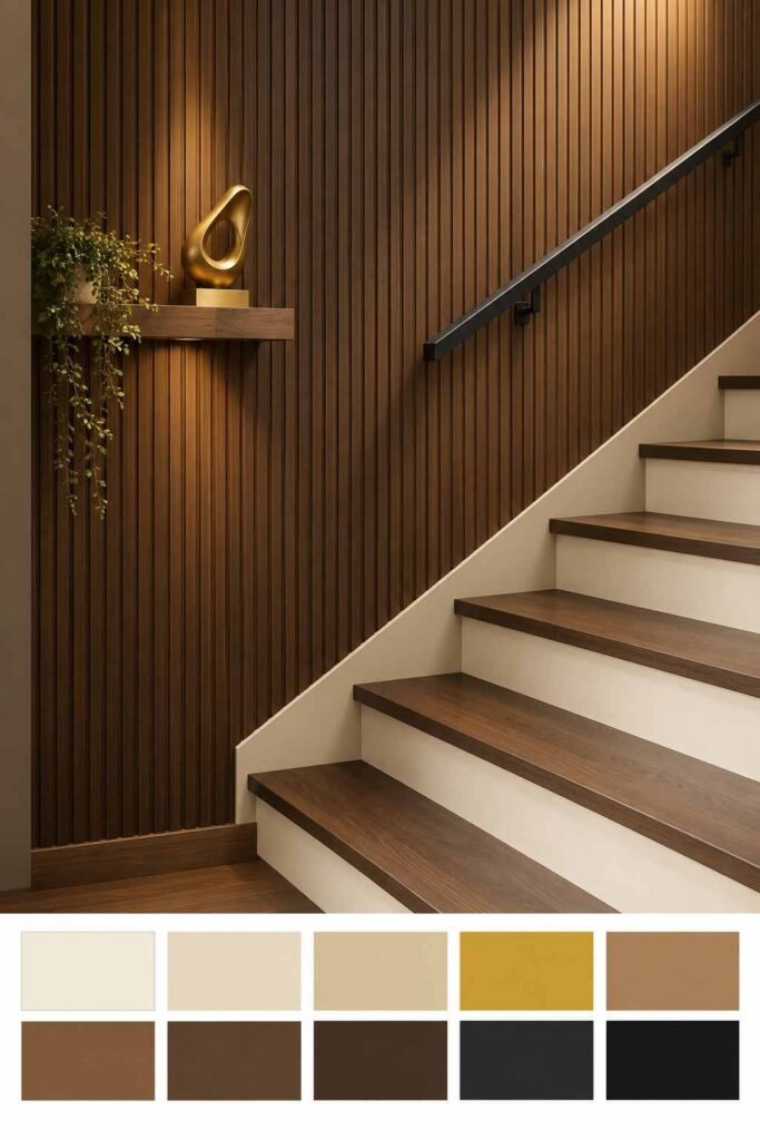 28 Stairs Wall Decor Ideas Modern Luxury Interiors Style Your Staircase Wall 8 Fluted walnut panels on a stairs wall with gold accent and ivory risers, with a color palette strip below
