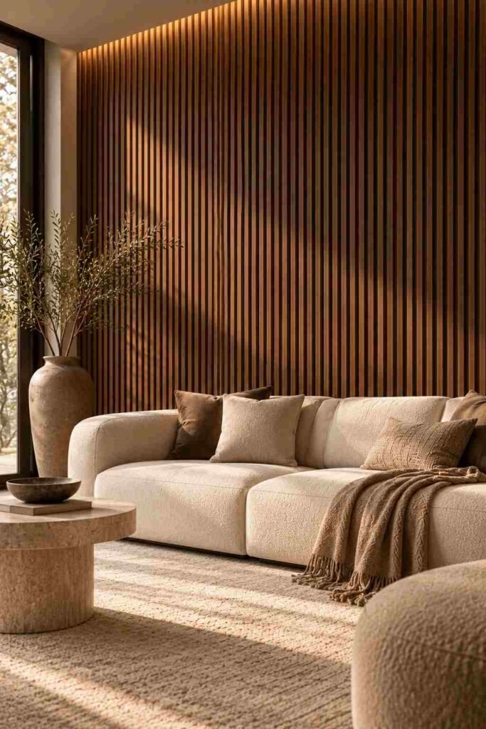 30 Luxury Wall Decor Ideas for Living Room Walls: Art, Texture, Mirrors & Lighting 8 Floor-to-ceiling fluted walnut paneling behind a cream sofa in a modern living room.