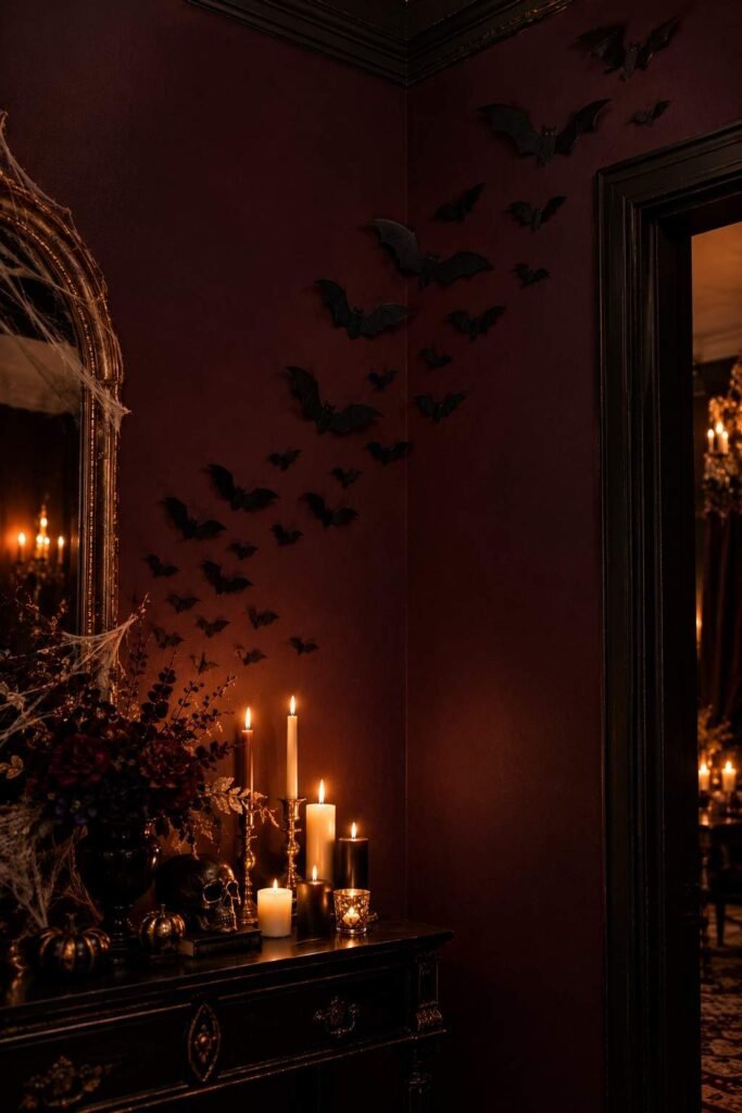 28 Halloween Party Decorations Indoor: Spooky Ideas That Transform Any Room 4 Black paper bat silhouettes flying up a plum wall as a budget Halloween party wall decoration